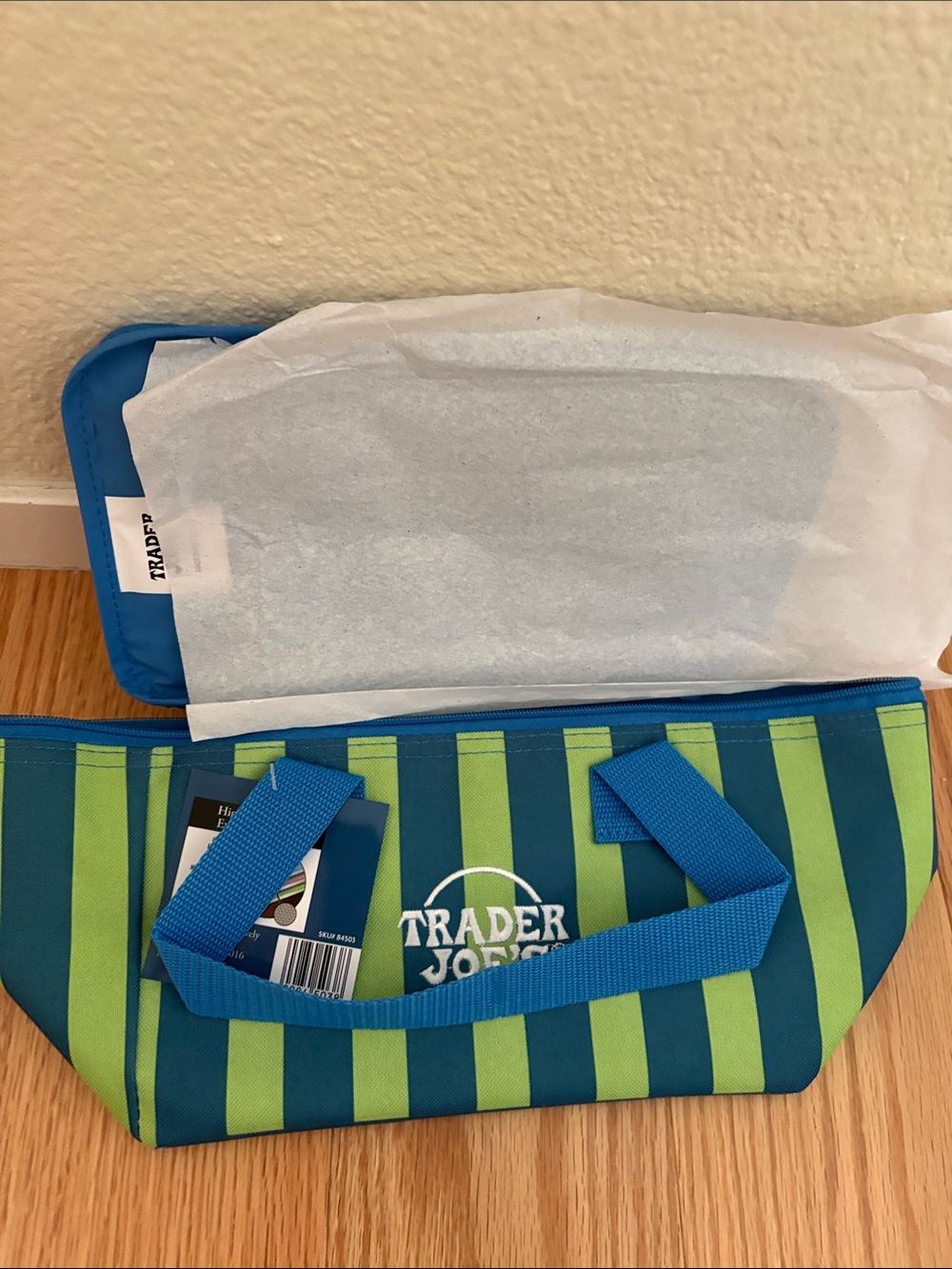 Trader Joe's Striped Insulated Tote - Blue & Lime Green